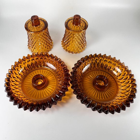 Vtg Indiana Art Glass Amber Diamond Point Peg Votive Candle Holders Retro MCM - Picture 5 of 12
